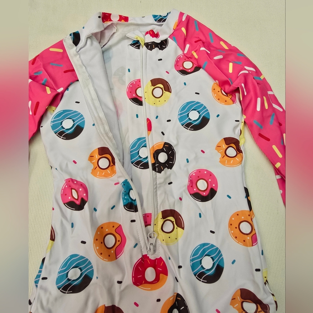 New! Girls Donut Print Long Sleeve Rashguard One-Piece Swimsuit, Pink/White - Picture 3 of 6
